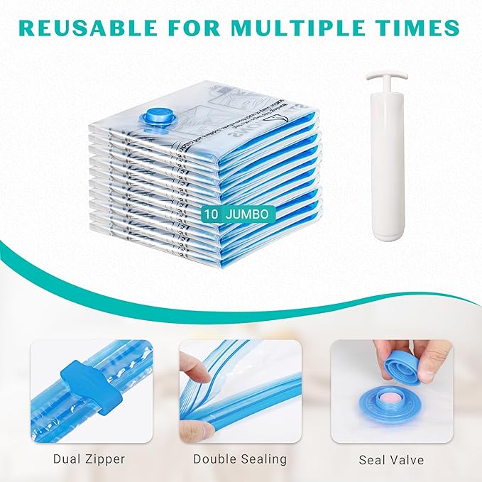 10 Pack Jumbo Space Saver Vacuum Storage Bags Seal Bags for Clothing Travel Compression Bags for Comforters Blankets Bedding Pillows Luggage Hand Pump Included