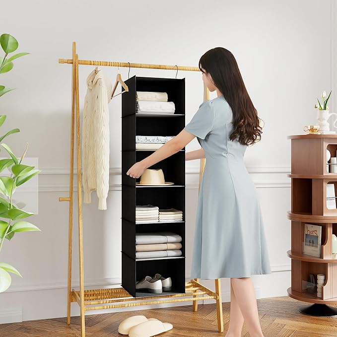 Hanging Closet Organizer and Storage 6-Shelf, Easy Mount Foldable Hanging Closet Wardrobe Shelves, Clothes Handbag Shoes Accessories Storage, Washable Oxford Cloth Fabric, Black