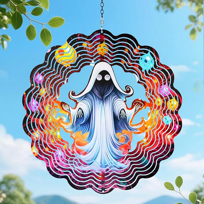 Ghost Metal Wind Spinners Outdoor for Gifts for Women/Men-12 inch 3D Kinetic Sculpture for Silhouette,Hanging Wind Spinner Decoration for Halloween,Patio,Yard,Porch,Backyard,Garden Decor