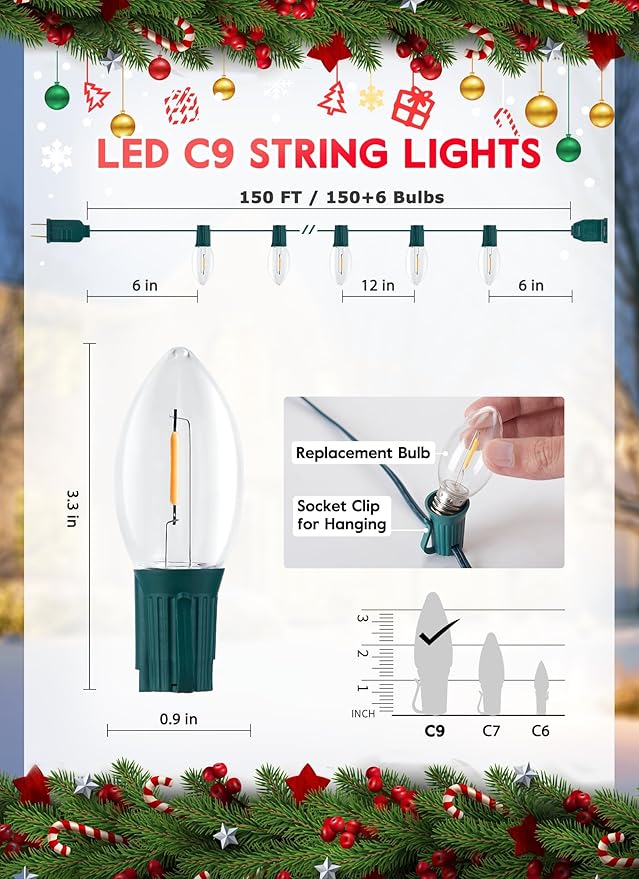 Vintage C9 LED Christmas Lights Outdoor, 150 Ft C9 String Light with 150 Shatterproof Warm White Bulbs, Waterproof Connectable Christmas Tree Lights for Roofline Holiday Garden Party Xmas Decorations