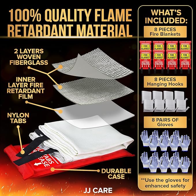 JJ CARE Fire Blanket – 8 Packs with Hooks and Gloves – Emergency Fire Blanket for Home & Kitchen, High Heat Resistant Fire Suppression Blankets for Home Safety, Kitchen, and Camping