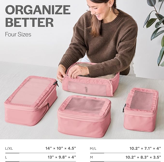 Compression Packing Cubes for Travel - Luggage Organizer Bags - Double Zipper Packing Cubes for Suitcases (4-Pack, Rose)