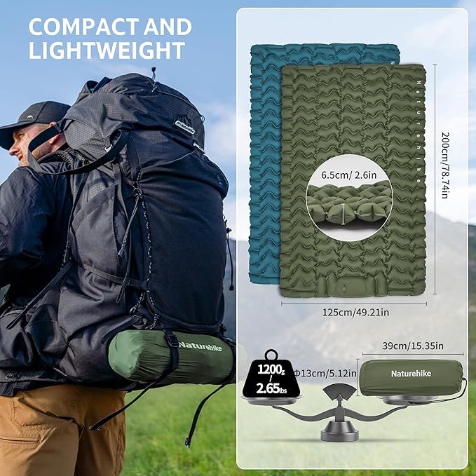Naturehike Camping Sleeping Pad, Ultralight Inflatable Sleeping Mat with Pillow Built-in Foot Pump, 2.6 Inch Lightweight Air Mattress for Backpacking, Hiking, Traveling
