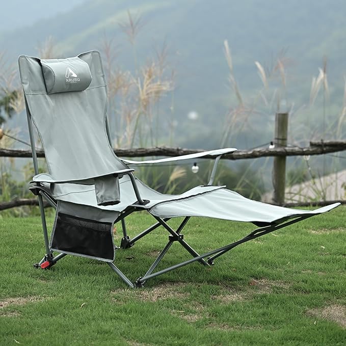 2-in-1 Reclining Camping Chair, Portable Folding Beach Lounge Chair with Footrest & Adjustable Backrest, Comfortable Lawn Chair for Adults Heavy Duty with Cup Holder for Outdoor Poolside Sports