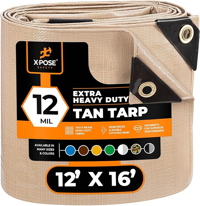Heavy Duty Tan Poly Tarp 12' X 16' - Multipurpose Protective Cover - Durable, Waterproof, Weather Proof, Rip and Tear Resistant - Extra Thick 12 Mil Polyethylene - by Xpose Safety