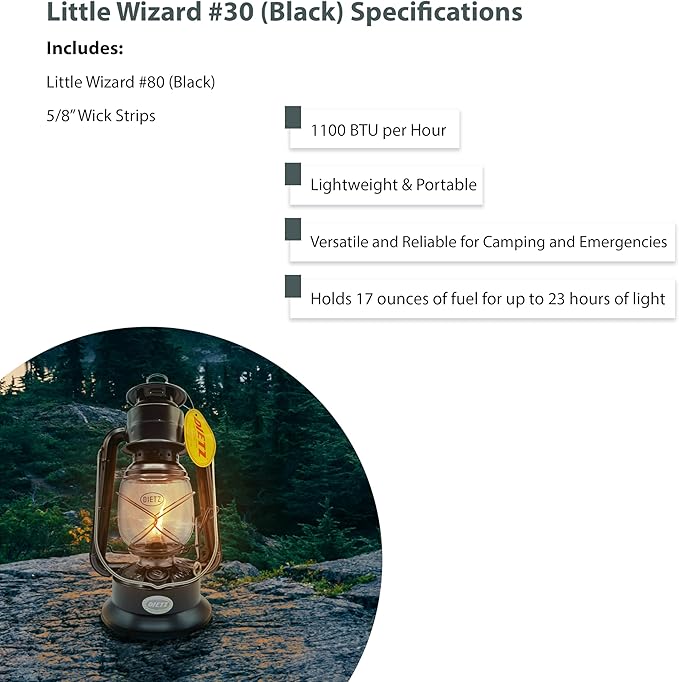 Light of Mine - Dietz #30 Little Wizard Black Oil Lantern with 5/8" Replacement Wick Strips (Black)