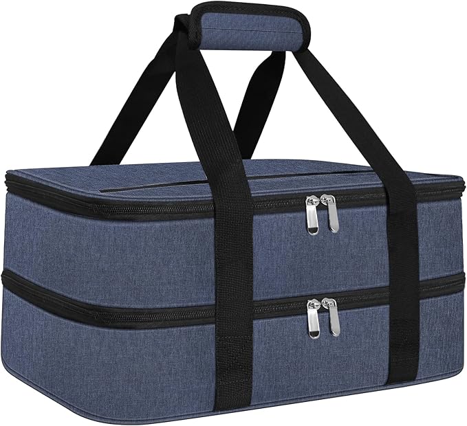 esouler Double Insulated Casserole Carrier Bag Hot & Cold Food Carrier Bag Lasagna Holder Lunch Bag for Picnics, Parties, Travel, Fits 9 x 13 Inches Casserole Dish-Blue