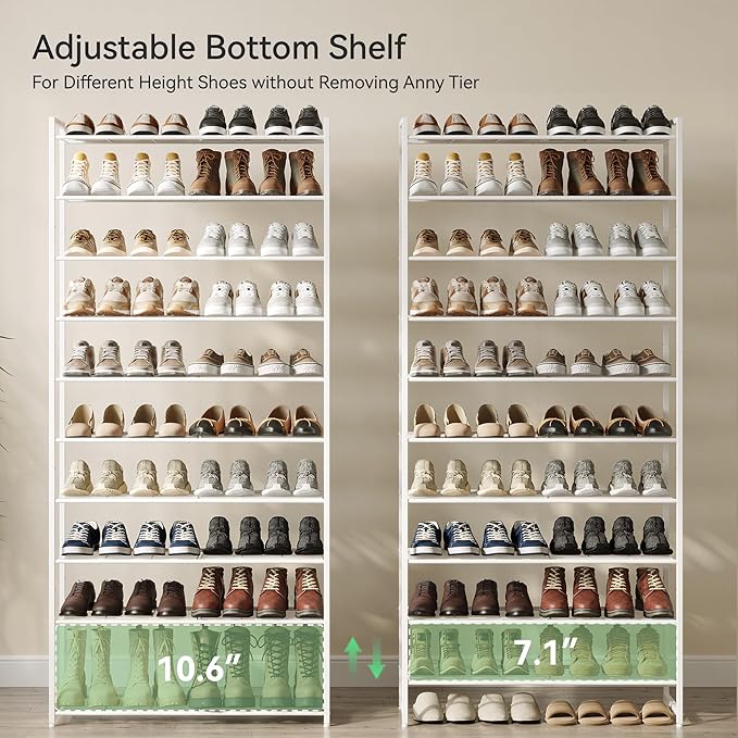Shoe Rack for Closet, Metal Shoe Organizer, 10 Tier Garage Shoe Rack Max Holds 50 Pairs,Shoe Storage Shelf,Entryway,White