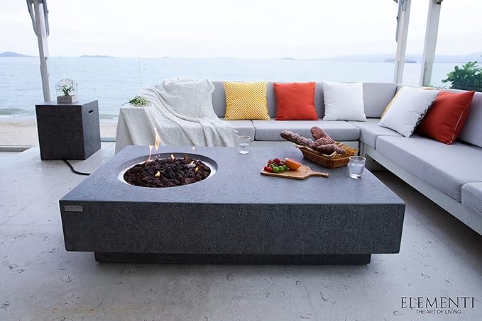 Elementi | Metropolis Gas Fire Pit Cast Concrete 56" Rectangular Fire Table, Outdoor Fire Pit Electronic Ignition | Canvas Cover, Lava Rock Included | Light Gray (Natural Gas)