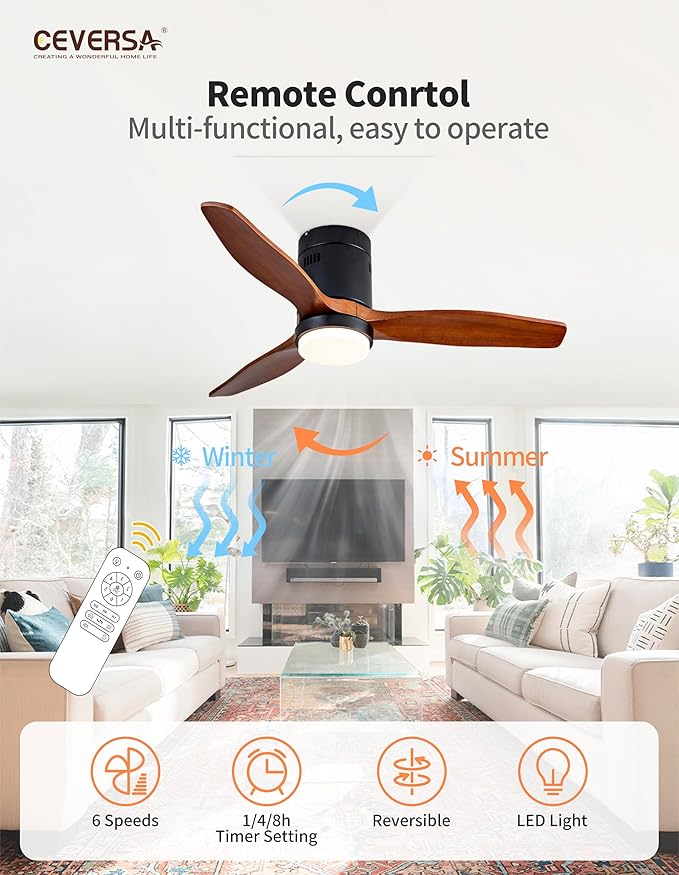 42 Inch Low Profile Ceiling Fans with Lights and Remote, Flush Mount Ceiling Fan with Lights, 3 Blades Solid Wood Walnut Hugger Easy Installation for Living Room, Bedroom, Farmhouse, Indoor