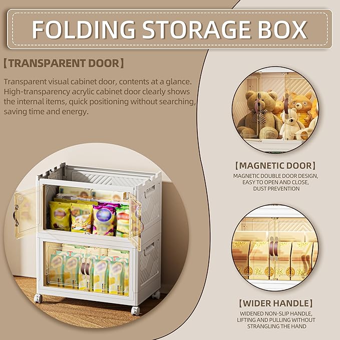 168 QT / 42 Gal Magnetic Door Storage Bins Collapsible Stackable w/1 Lid, Heavy Duty Plastic Cabinet with Wheels for Home Office Organization (White)