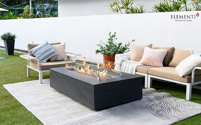 Elementi+ | Cape Town Gas Fire Pit Cast Concrete 56" Rectangular Fire Table, Outdoor Fire Pit Electronic Ignition | Canvas Cover, Fire Glass and Burner Lid Included | Dark Gray | Propane Gas