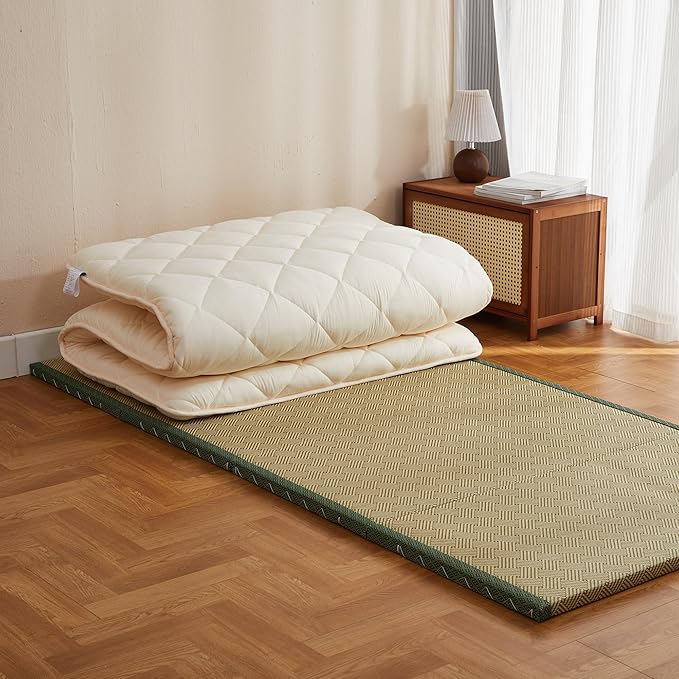 Japanese Floor Futon Mattress, Tatami Mat Sleeping Pad, Shikibuton, Mattresses Topper, Boys Girls Roll Up Dormitory Mattress, Foldable & Portable Floor Lounger Bed, Guest Bed (Cream, Queen)