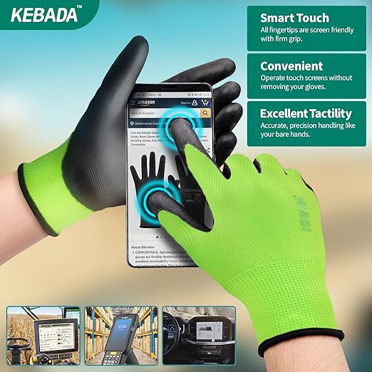 Kebada W1 Work Gloves for Men and Women, Touchscreen PU Coated Gloves with Grip, 50 Pairs Bulk Pack, Ideal for Warehouse Package Handling, Construction, Gardening, Green Large