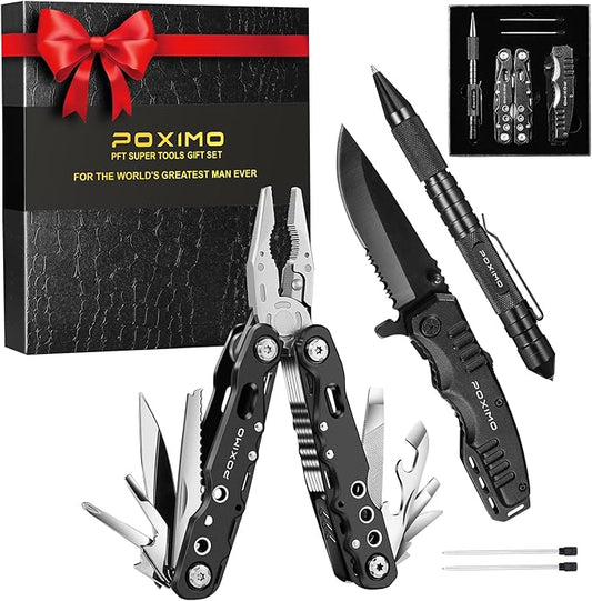 Multitool Gift Set for Men Dad Him, 3-in-1 EDC Survival Kit with 14 in1 Multi-Pliers, Pocket Knife & Tactical Pen | Premium Military-Grade Multi Tools for Camping, Car, Father’s Day, Dad Gifts