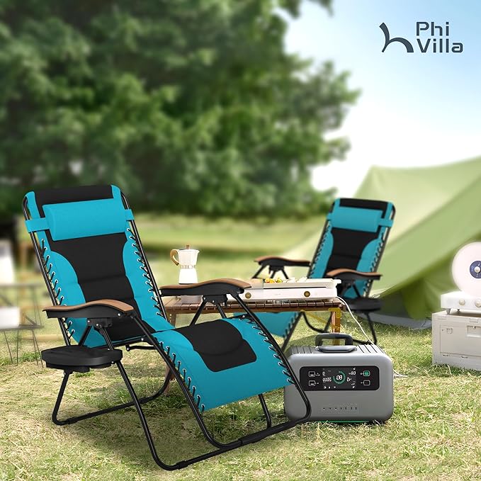 PHI VILLA XXL Oversized Padded Zero Gravity Chair, Foldable Patio Recliner, 30" Wide Seat Anti Gravity Lounger with Cup Holder, Support 400 LBS (Aqua)