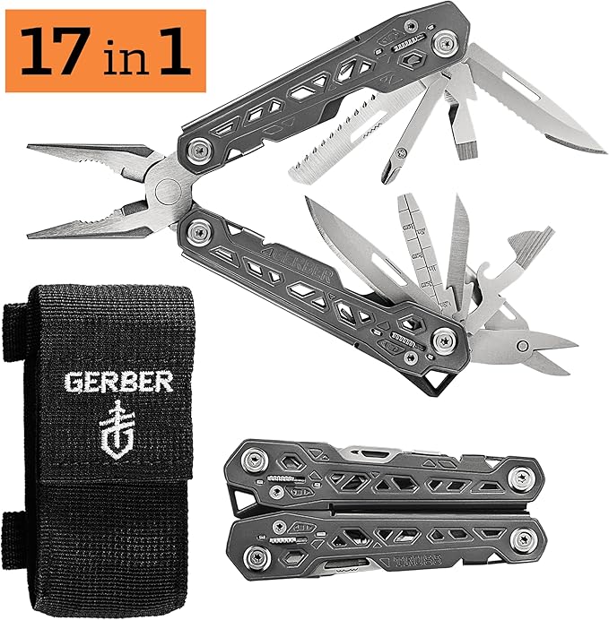 Gerber Gear Truss 17-in-1 EDC Needle Nose Pliers Multi tool - includes Pocket Knife, Screwdriver, and Bottle Opener Accessories - Gifts for Men, Fishing and Camping Gear - Gray with Standard Sheath