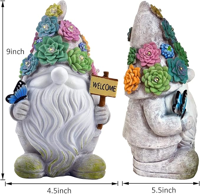 BAYN Gnome Garden Statues Outdoor Decor, Solar Gnome Figurines Lights for Garden Decoration Yard Art Gifts with 10 Warm White LEDs