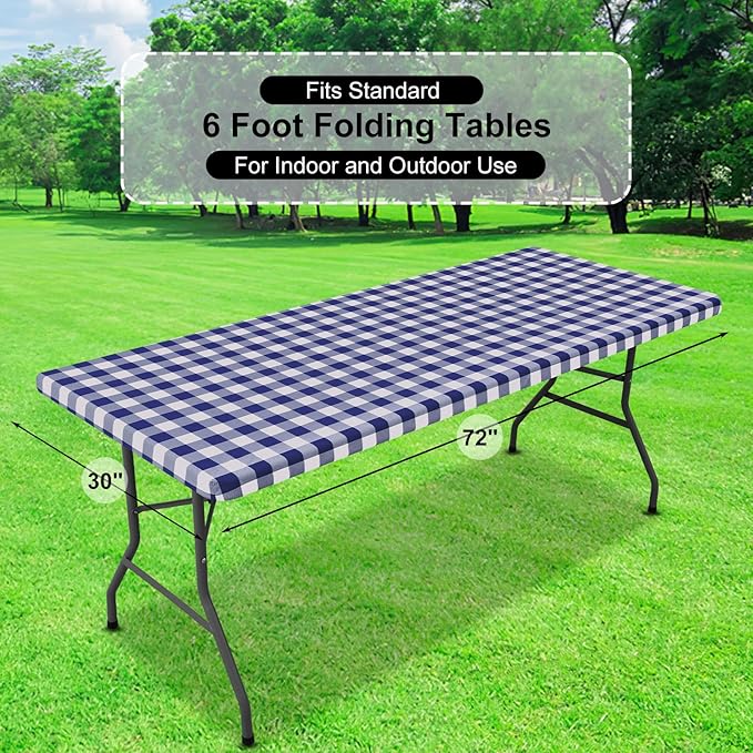 misaya Buffalo Rectangle Picnic Tablecloth, 6 Foot Elastic Fitted Vinyl Table Cloth with Flannel Backing, Waterproof Plaid Table Covers for Dining, Camping, Outdoor (Navy and White, 30" x 72")