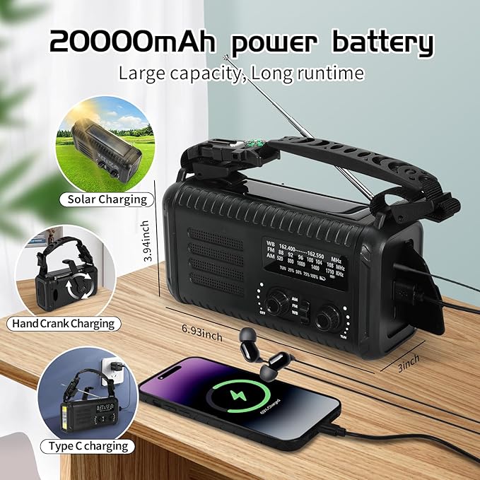 Emergency Weather Radio, 20000mAh Solar Radio, Hand Crank Radio with AM/FM/NOAA, Portable Radios with Flashlight & Reading Lamp, Earphone Jack, SOS Alarm, Phone Charger for Indoor Outdoor Emergencies