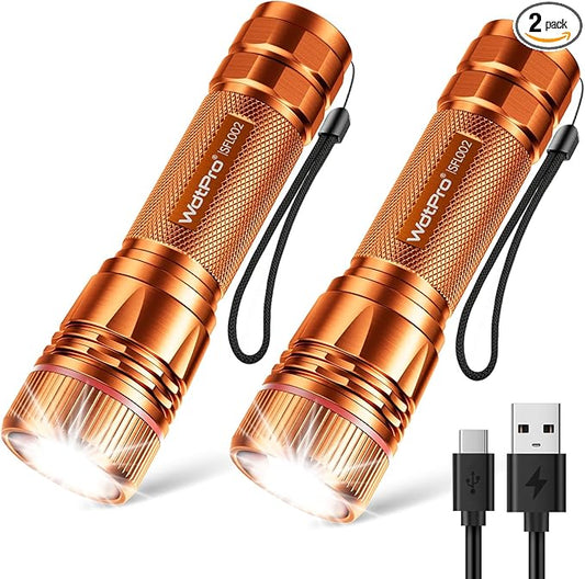 WdtPro Rechargeable Flashlights High Lumens, 2 Pack Super Bright LED Small Tactical EDC Flashlight with 10H Runtime, Portable Flash Light for Camping,Home,Emergency Essentials Orange Battery Included