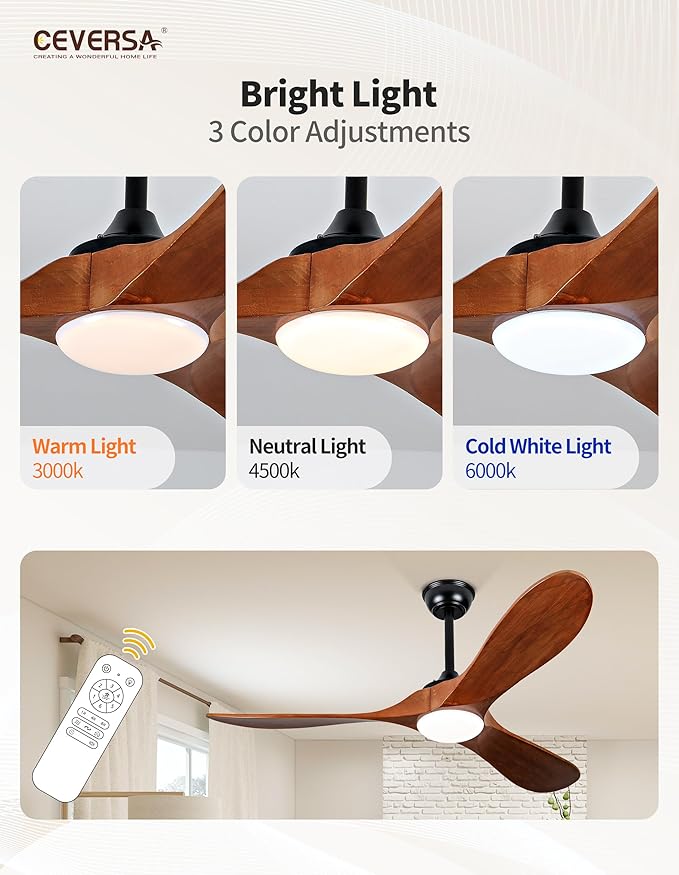 52 Inch Ceiling Fans with Lights and Remote, 3 Blades Outdoor Wood Ceiling Fan, Quiet Noiseless DC Motor, Modern Propeller Rustic Ceiing Fan for Farmhouse, Living Room, Bedroom, Indoor, Walnut