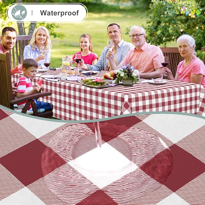 misaya Rectangle Waterproof Vinyl Table Cloth, Buffalo Flannel Backed Tablecloth, Wipeable Plastic Table Cover for Dinner, Kitchen, Outdoor (60" x 120", Burgundy and White)