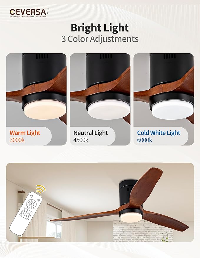 52 Inch Low Profile Ceiling Fans with Lights and Remote Control, Flush Mount Ceiling Fan with Lights, 3 Blades Solid Wood Hugger Easy Installation for Living Room, Bedroom, Farmhouse, Indoor