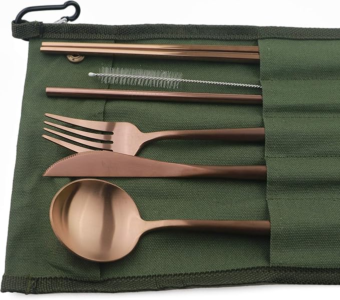 Portable 6 Pieces Flatware Set, 304 Stainless Steel Knife, Fork, Spoon, Chopsticks, Metal Straw, Cleaning Brush, Durable Travel Cutlery Set, Army Green Pouch Bag, Rose Gold
