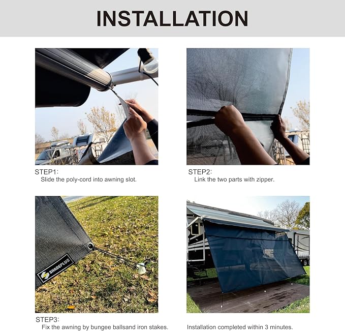 RV Awning Sun Shade Screen 8'x11'3''(Fit for 12' Awning),Black Mesh Shade Screen with Zipper,Universal Trailer Camper Awning Screen with Complete Kits,Improves Shadow and Privacy.