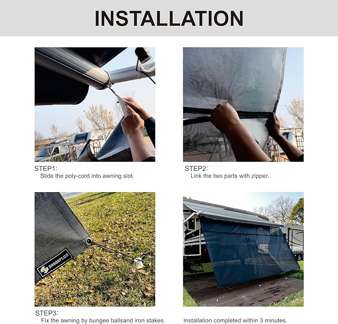 RV Awning Sun Shade Screen 8'x19'3''(Fit for 20' Awning),Black Mesh Shade Screen with Zipper,Universal Trailer Camper Awning Screen with Complete Kits,Improves Shadow and Privacy.