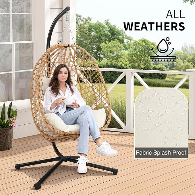 Egg Chair with Stand, Patio Wicker Hanging Chair, Hammock Swing Chair, 350LBS Capacity for Bedroom, Balcony, Garden (YE-BE)