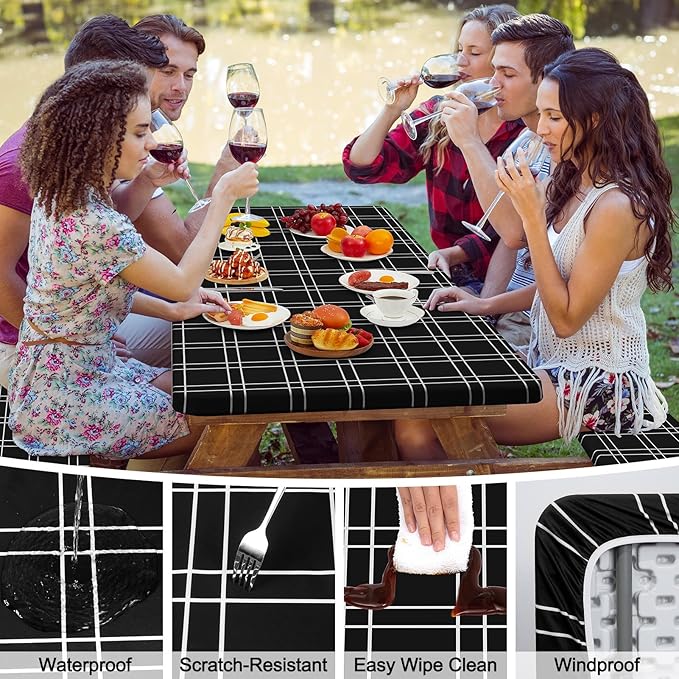 Picnic Table Cover with Bench Covers Camping Tablecloth with Storage Bag Windproof Waterproof Picnic Table Covers with Elastic for Camping