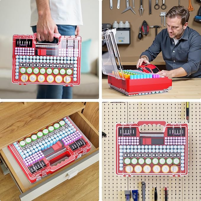 Battery Organizer Storage Holder Box Case with Tester, Stores & Protects Up to 260 Batteries, Double-Clear Locking Lid, Holds AA AAA C D and More (Not Includes Battery Pack) - Red