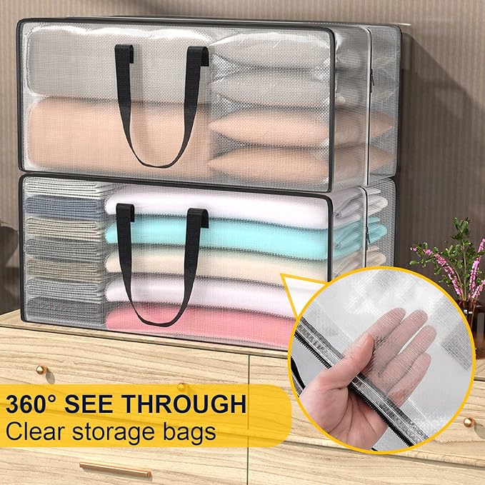 Clear Storage Bags with Zipper, 2 Pack Large Moving Bags Heavy Duty Extra Large, Plastic Storage Totes for Clothes, College dorm Packing Bags with Strong Handles
