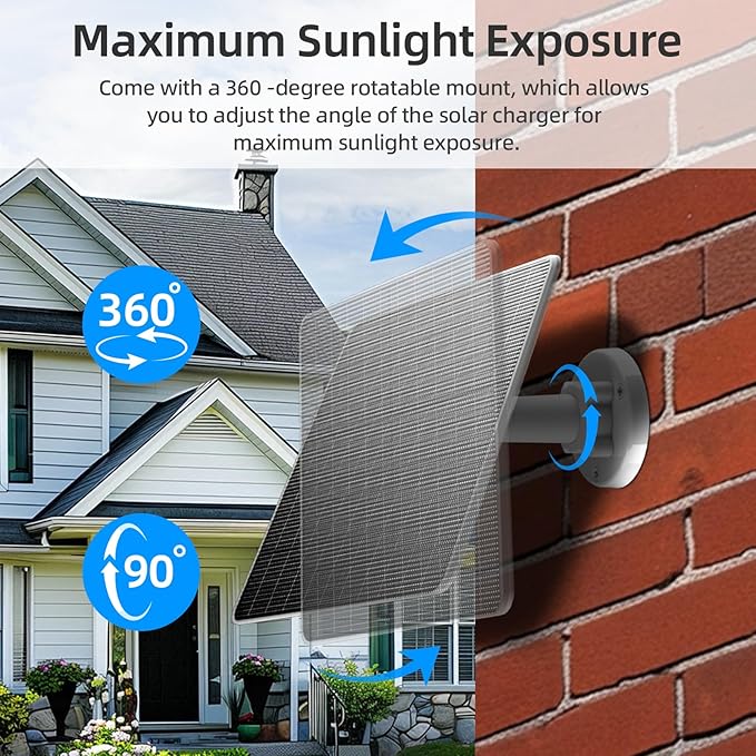 FlexSolar 2 Pack 6W Solar Panel for Security Camera, IP67 Waterproof with 10ft Cable, Dual USB Ports (Type-C/Micro-USB), 360° Adjustable Mount, Outdoor Charging