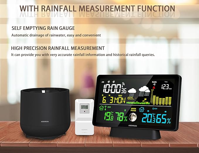 Weather Station with Rain Gauge, Home Weather Stations Wireless Indoor Outdoor with Rain Gauge, Thermometer, Barometric Pressure, Humidity Monitor, Atomic Clock, Digital Weather Forecast and Alerts