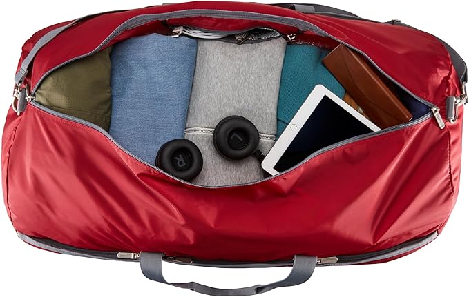 Amazon Basics 32" Extra Large Foldable Duffle Bag for Travel & Storage, with Exterior/Interior Zippered Pockets, Lightweight/Durable Nylon Material, 50-LBS Capacity, 9254 Cubic Inch (150L), Red