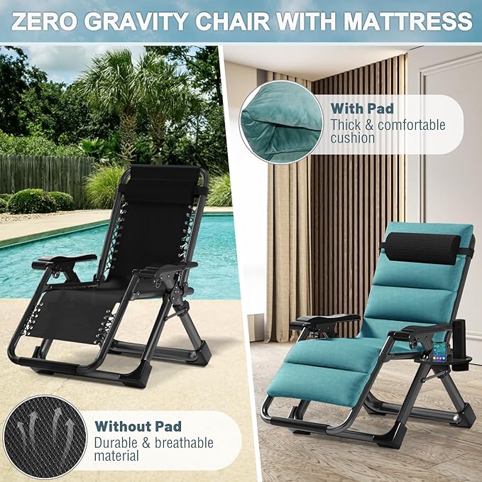 ABORON 2 Pack Zero Gravity Chair, Outdoor Lounge Chairs Sun Loungers with Removable Cushion,Headrest,Cup Holder,Reclining Patio Lounger Chair for Indoor and Outdoor