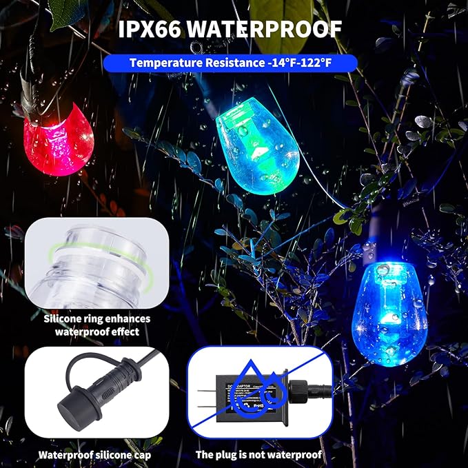 Outdoor String Lights 50FT, Outdoor Lights for Patio with 20 Dimmable RGBW LED Bulbs, IP66 Waterproof Shatterproof, with APP Control & Remote, 24V Adapter Color Change,for Backyard Decor