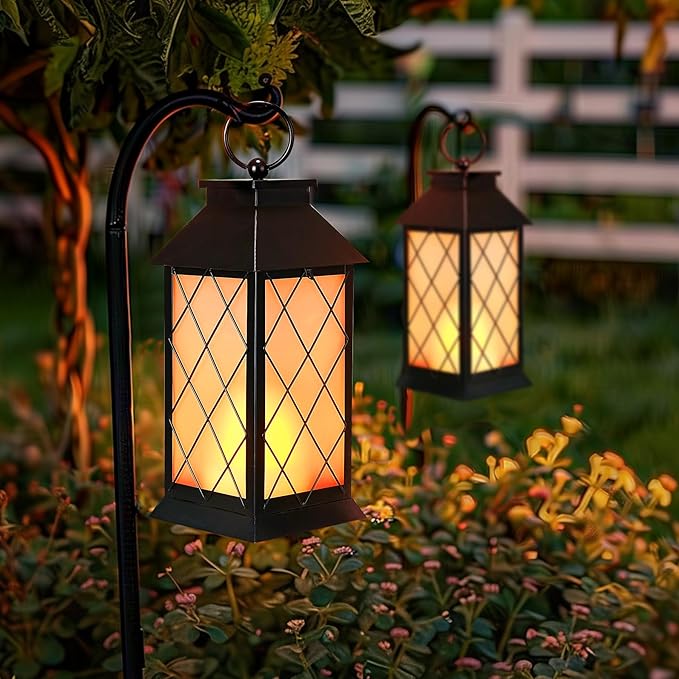 18" Solar Lanterns Outdoor Waterproof, Glass Solar Flickering Flame Lantern Large Hanging Solar Lantern Metal Decorative for Patio Garden Backyard Outside Tabletop Mothers Day Gifts Mom
