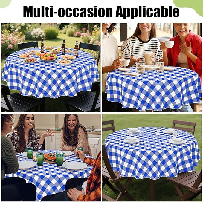 Smiry Round Plastic Table Cloth, Waterproof Vinyl Tablecloth with Flannel Backing, Wipeable Buffalo Plaid Table Cover for Dining, Indoor and Outdoor (Blue & White, 60" Round)