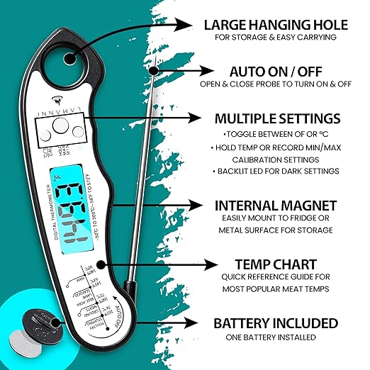 Instant Read Meat Thermometer for Cooking, Fast & Precise Digital Food Thermometer with Backlight, Magnet, Calibration, Foldable Probe, Waterproof Grill Thermometer for Deep Fry. (White Black)