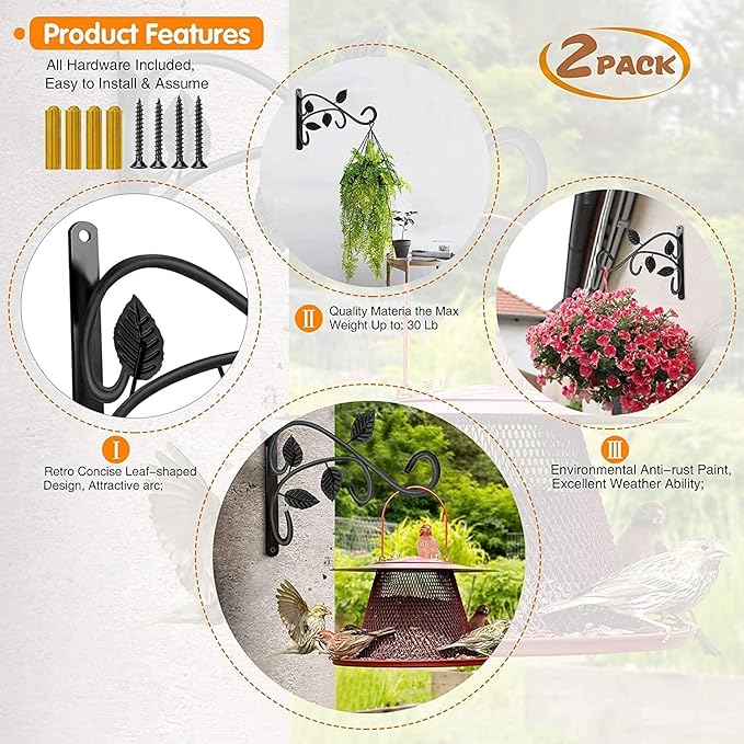Hanging Plant Bracket, 2Pack 12 Inches Wall Mount Plant Hook, Rust-Resistant Decorative Metal Plant Hanger for Hanging Plant Flower Lantern Bird Feeder Wind Chimes