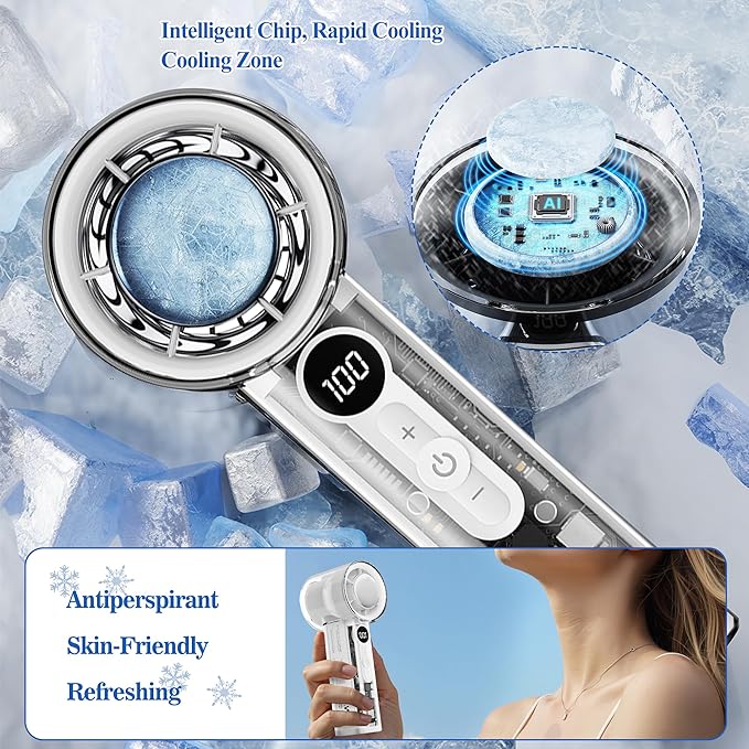 Portable Handheld Fan,Adjustable Speed(1-100),Rechargeable Personal Fan with Ice Cooler and LED Display,Portable Cooling fan for Travel/Camping/Outdoor (white)