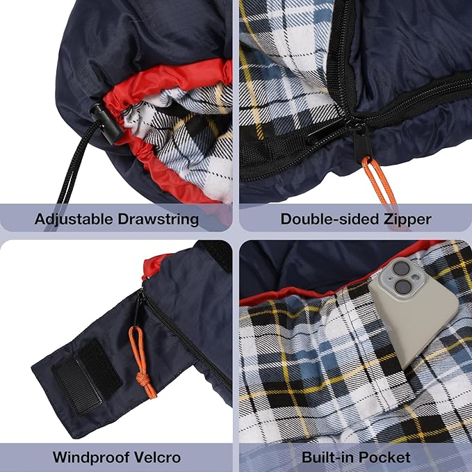 REDCAMP Cotton Flannel Sleeping Bag for Camping Backpacking, Adults Cold Weather Envelope Sleeping Bags with 2/3/4/6lbs Filling