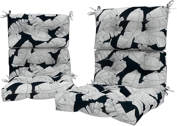 LVTXIII Outdoor Seat/Back Chair Cushion Patio Tufted High Back Cushion, Seasonal Replacement Rocking Chair Cushion with Ties (44” L x 22W”, Set of 2, Black Lush Leaf)