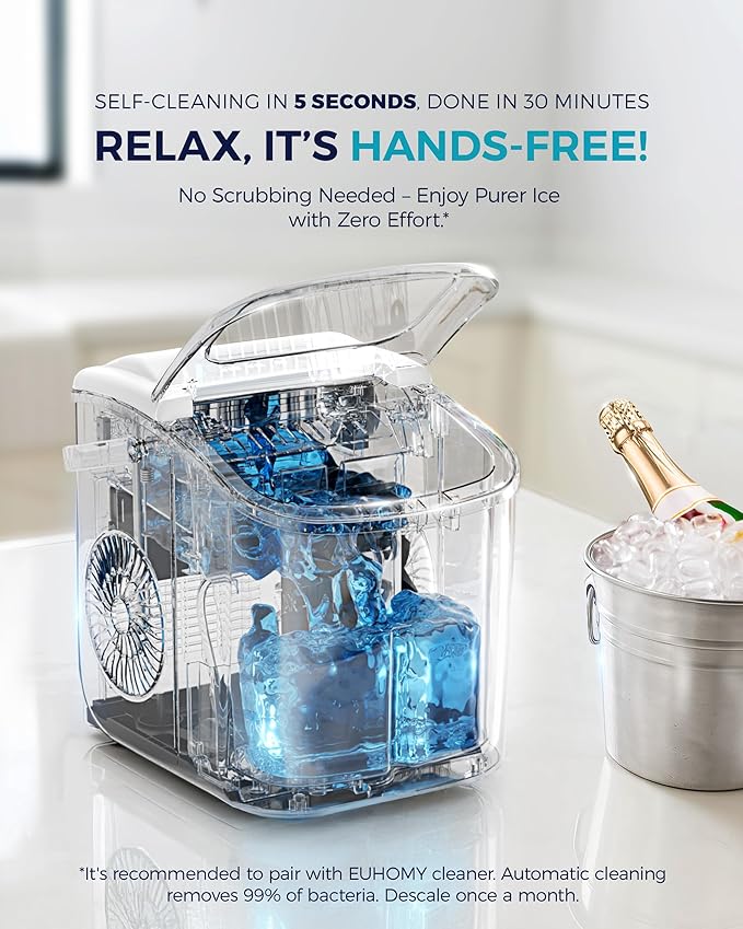 EUHOMY Countertop Ice Maker Machine with Handle, 26lbs Per Day, 9 Ice Cubes Ready in 6 Mins, Auto-Cleaning Portable Ice Maker with Basket and Scoop, for Home/Kitchen/Camping/RV (White)