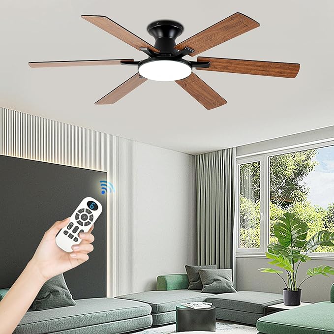 Ceiling Fans with Lights,54 Inch Low Profile Ceiling Fan with Light and Remote Control,6 Speeds/6 Blade,Flush Mount,LED Dimmable DC Reversible Modern, Brown Ceiling Fan for Bedroom/Living Room