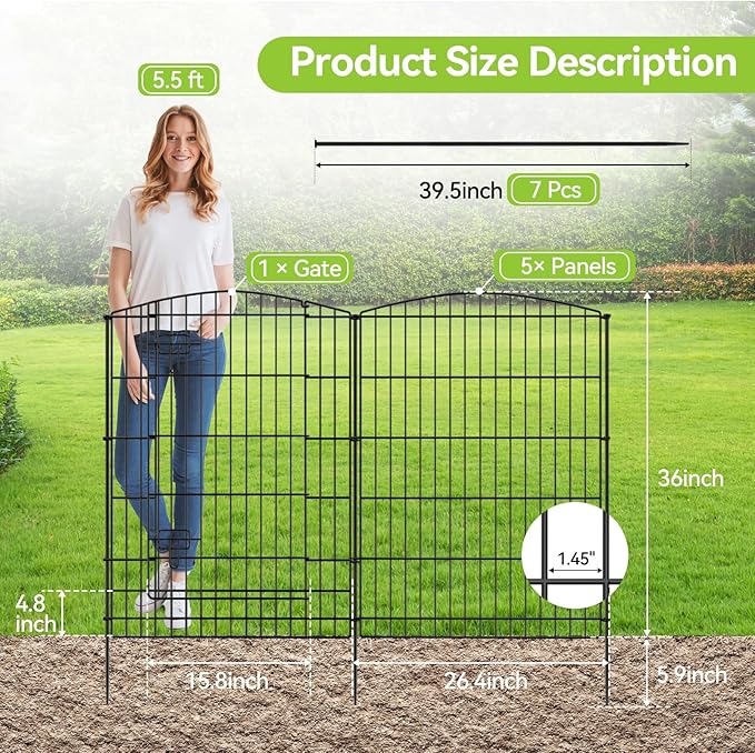 INJOPEXI Decorative Garden Fence 6 Panels 13ft (L)×36in (H) Animal Barrier Fences with 5 Panels + 1 Gate, No Dig Garden Fencing Rustproof Metal Wire Temporary Rabbit Dog Fence for Patio Outdoor Yard